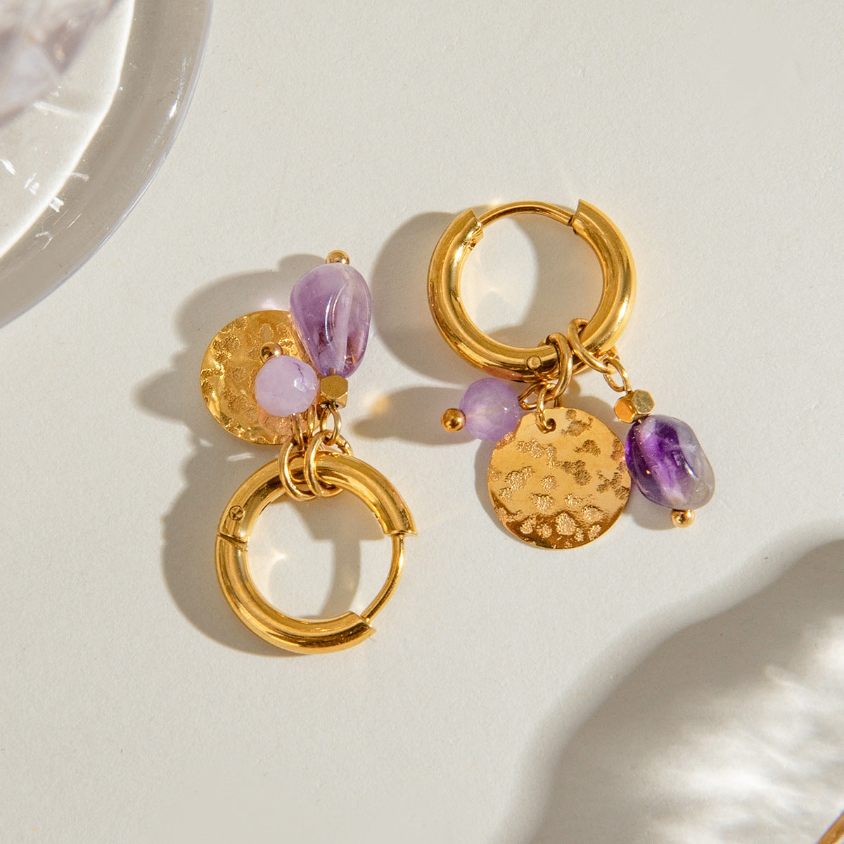 Amethyst Coin Charm Hoops